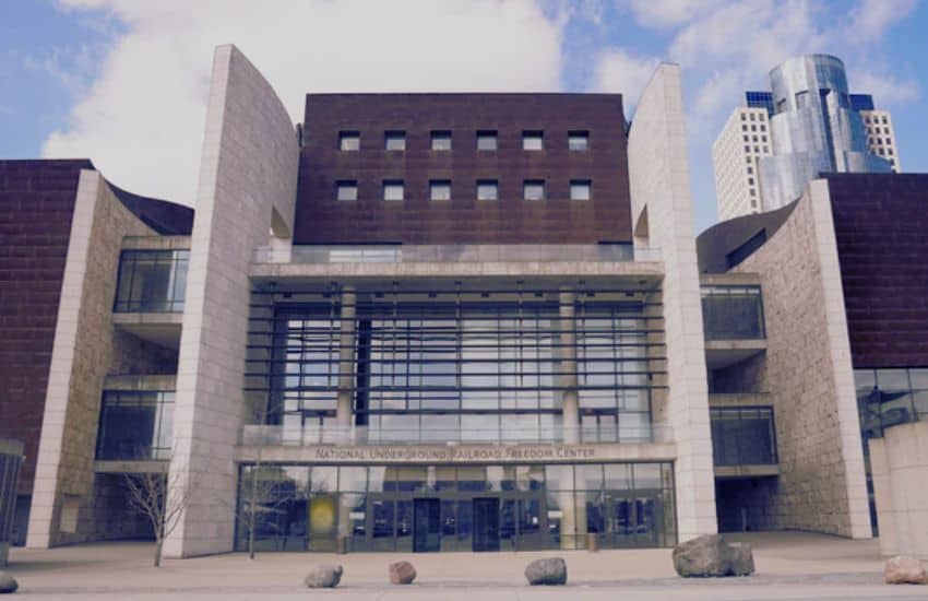 Front of the National Underground Railroad Freedom museum in Cincinnati Ohio